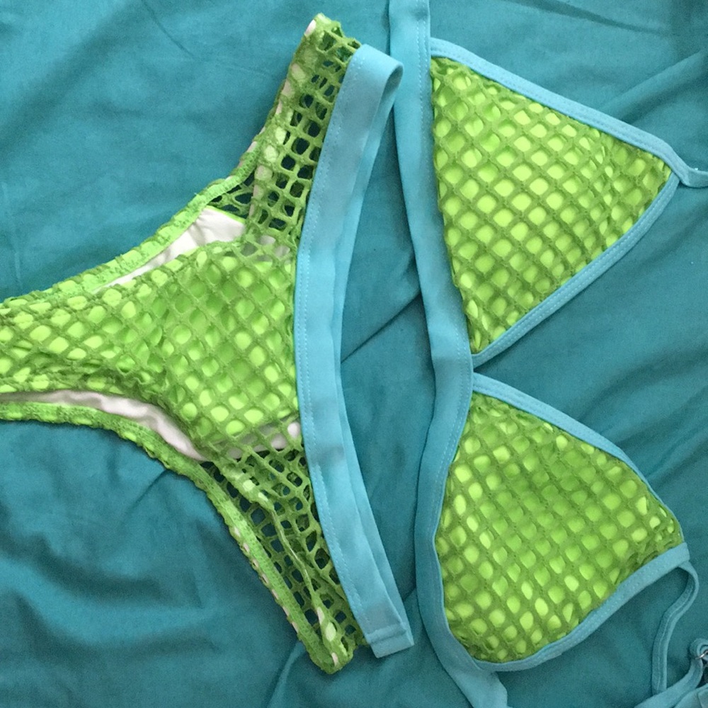 Blue and neon green bathing suit